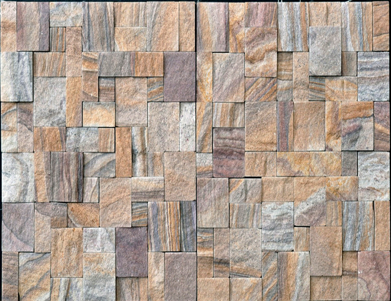 Split face rainbow natural sandstone irregular mosaic wall tile on mesh backed